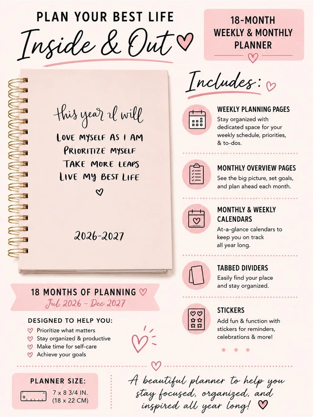 18-Month Weekly & Monthly Planner Jul 2026-Dec 2027 New Spiral Organizer